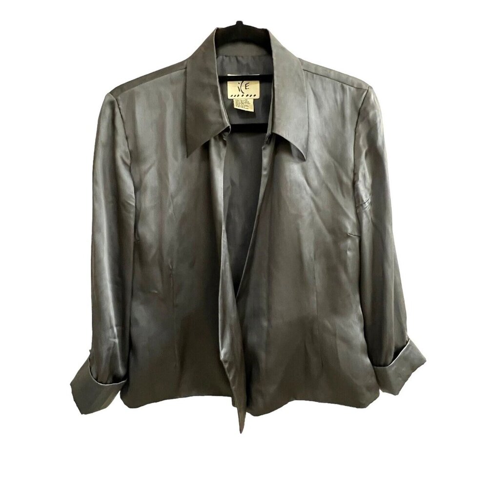 Vtg ICE Womens Gray Silk Satin Jacket Open Front Lined Sz Medium - Picture 3 of 12
